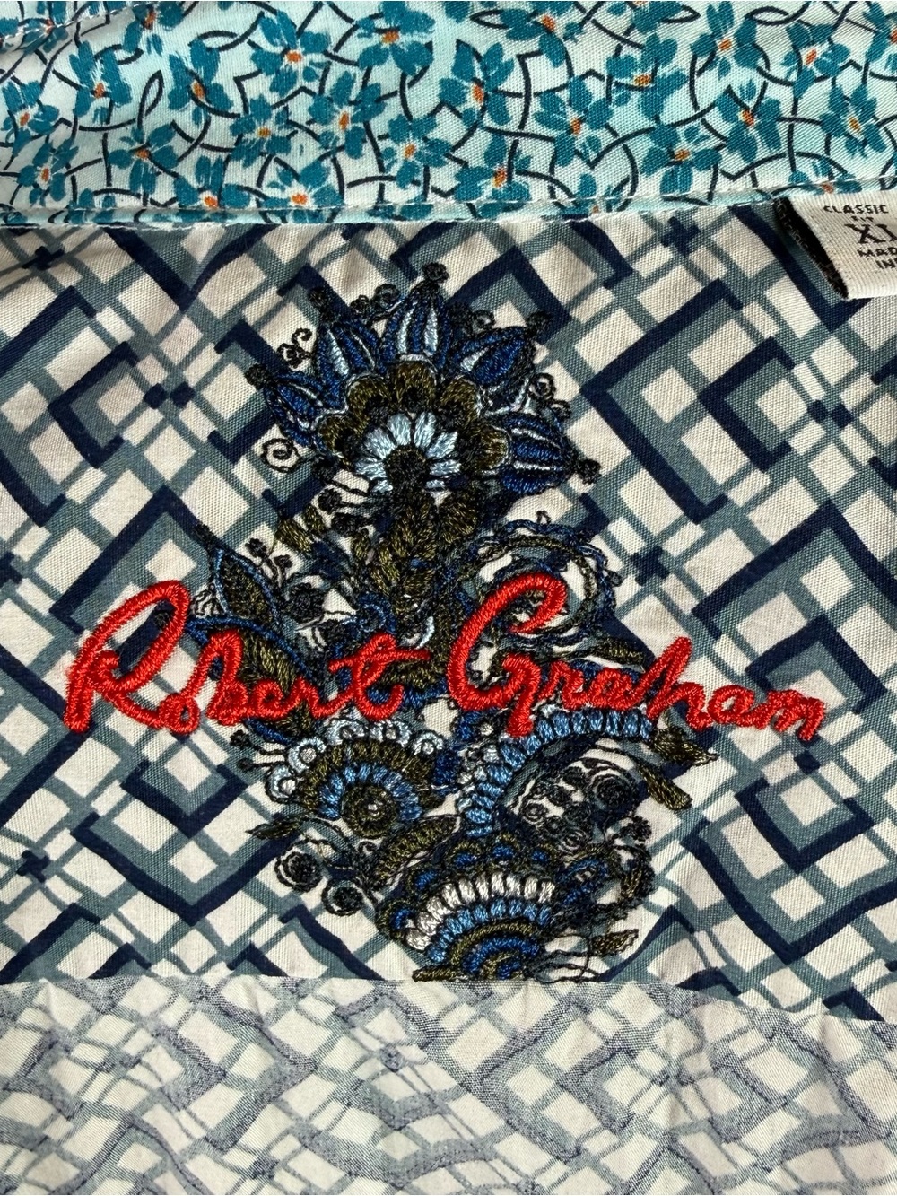 Robert Graham Classic Fit XL Geometric Print Button Down Shirt Blue Teal - Picture 4 of 16